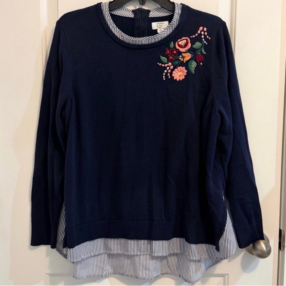 crown & ivy 2x Navy Sweater with Floral Embroidery